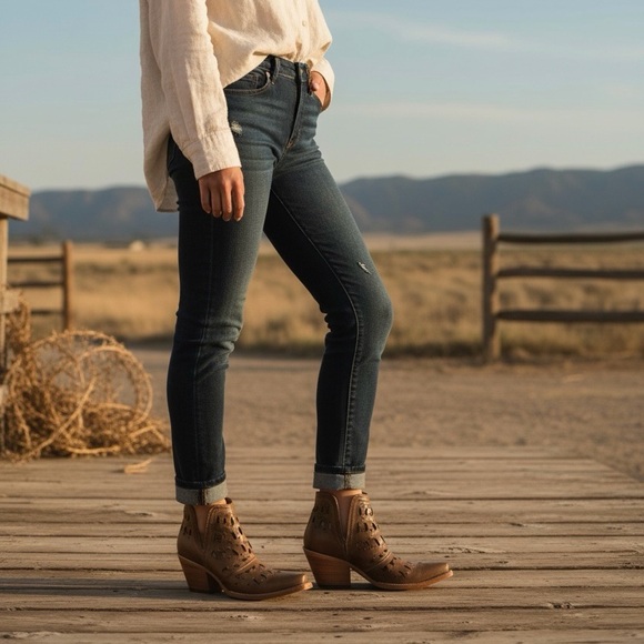 Ariat Dixon Studded Lazer Cut Western Snip Toe Leather Bootie. - Picture 2 of 10